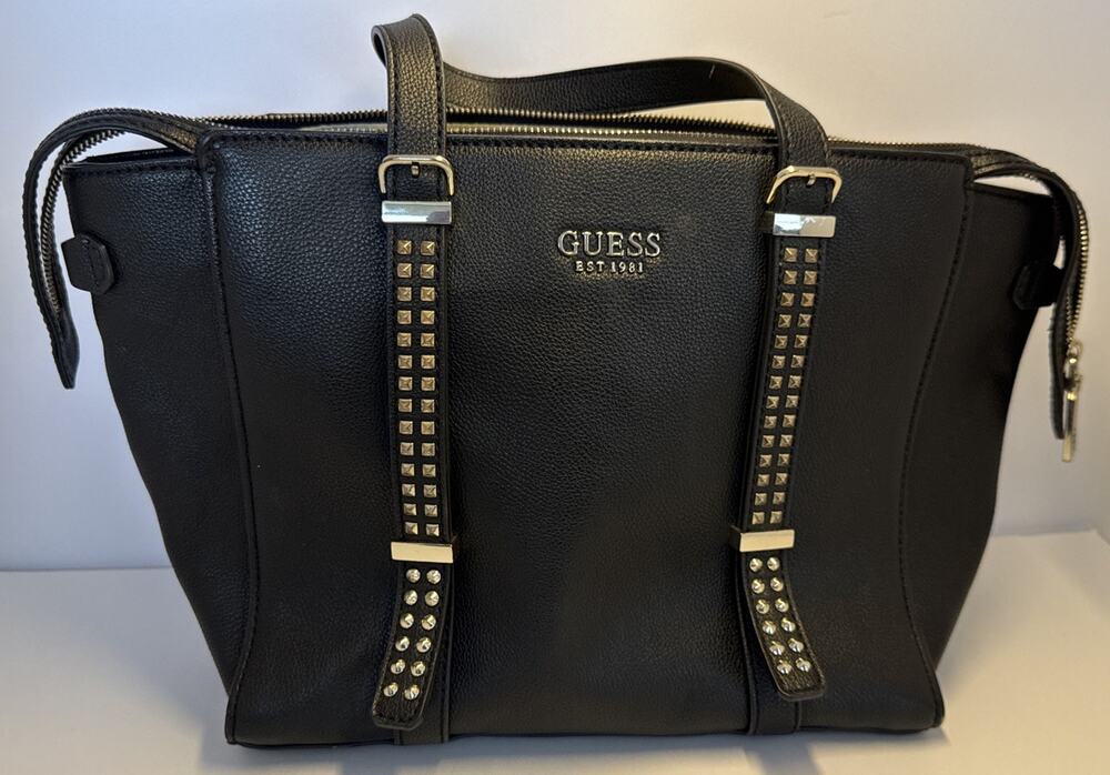 GUESS Est 1981 Black Studded Satchel Bag Handbag Shoulder Tote Silver Pyramids